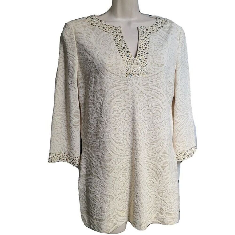 VTG ST JOHN KNIT TOP embellished V-NECK tunic 3/4 sleeve ivory gold sz P Petite